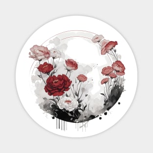 Red Carnations Circle Japanese Ink Art Magnet